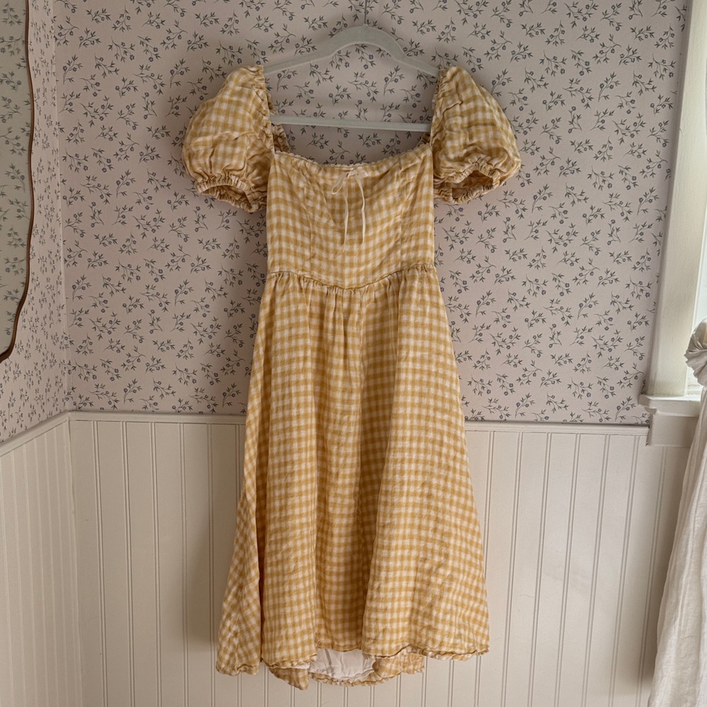 Reformation Yellow Gingham Puff-Sleeve Midi Dress